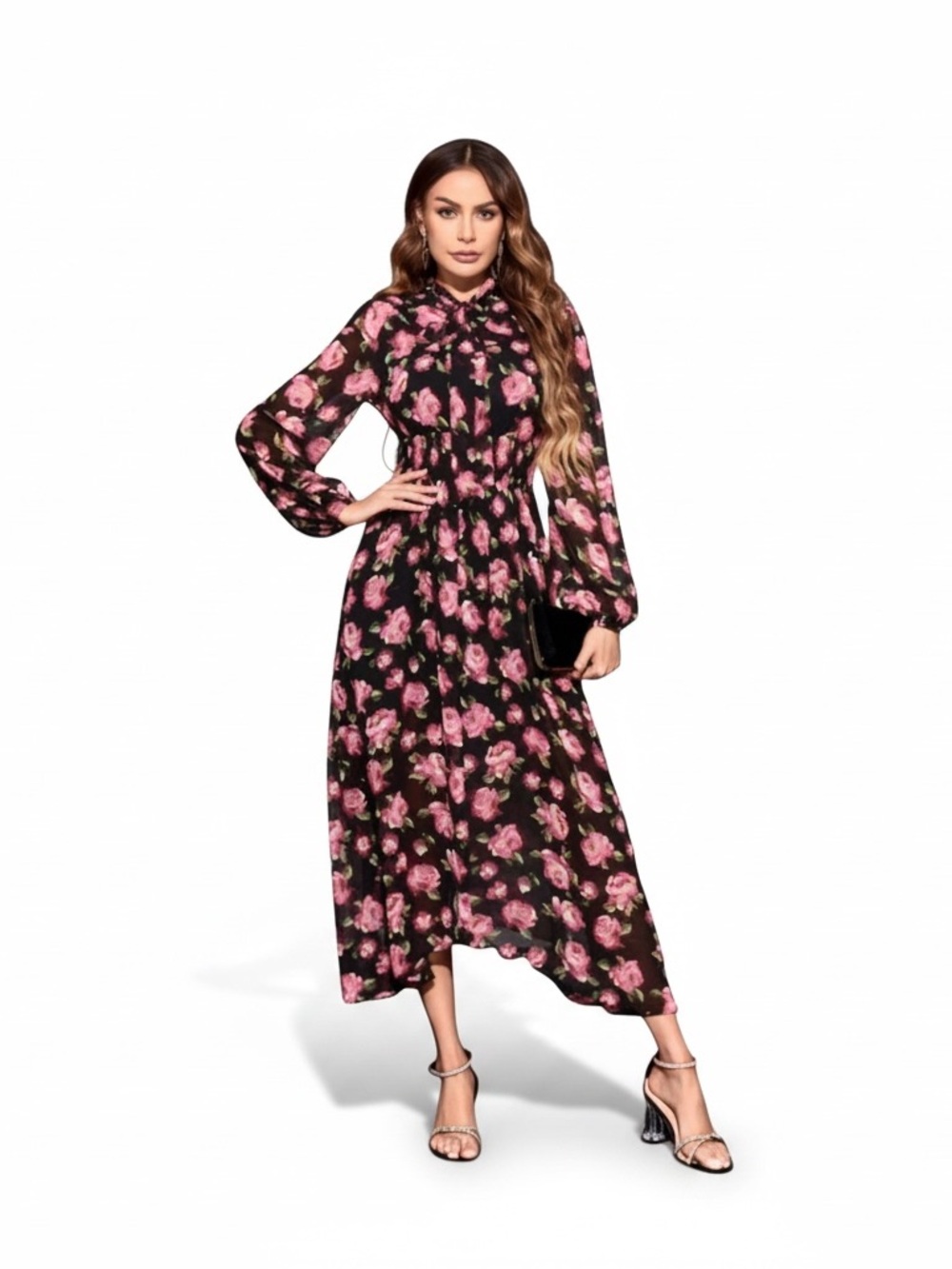 #124 Floral Black and Pink Maxi Dress Size 4 NWT